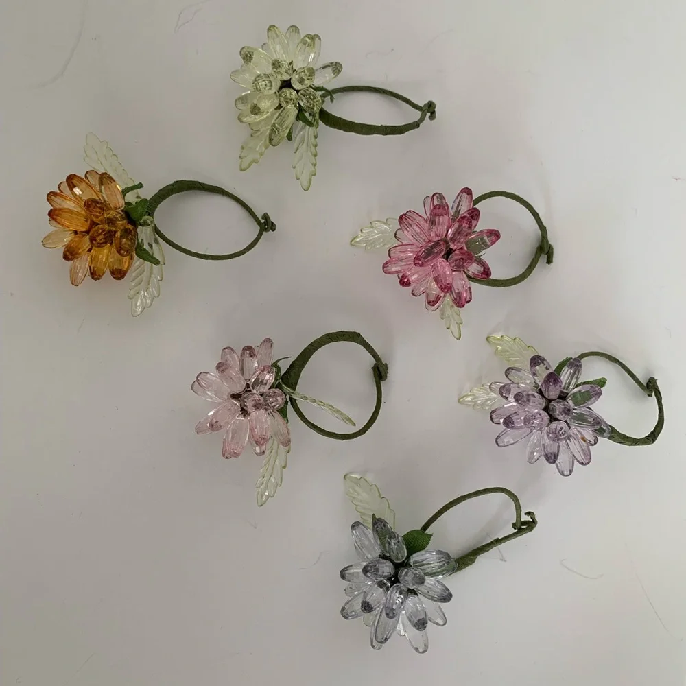 Wine Glass Charms Set of 6 Plastic Flower 3D Rings Pink Green Purple Orange